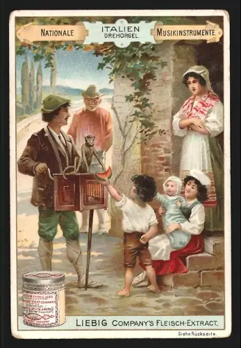 Sammelbild Liebig, Fleisch-Extrakt, Nationale Musikinstrumente, Drehorgel in Italien