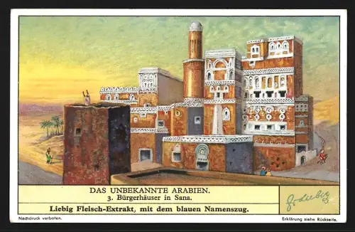 Sammelbild Liebig, Fleisch Extrakt, Serie Unbekanntes Arabien, Bürgerhäuser in Sana`a