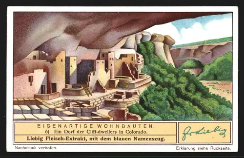 Sammelbild Liebig, Fleisch Extrakt, Serie Eigenartige Wohnbauten, Ein Dorf der Cliff-dwellers in Colorado