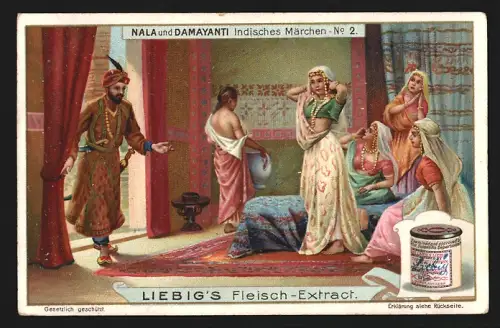 Sammelbild Liebig, Fleisch Extrakt, Indisches Märchen Nala und Damayanti, Nala trifft auf Damayanti