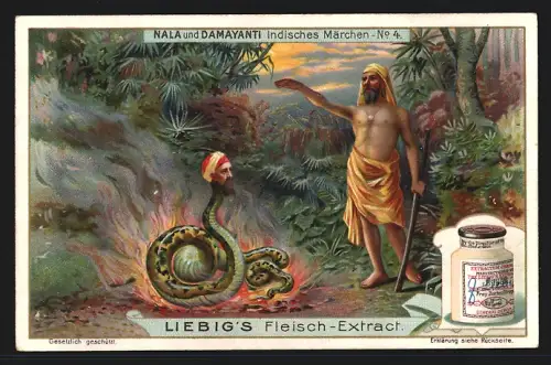 Sammelbild Liebig, Fleisch Extrakt, Indisches Märchen Nala und Damayanti, Nala mit dem Schlangenfürst