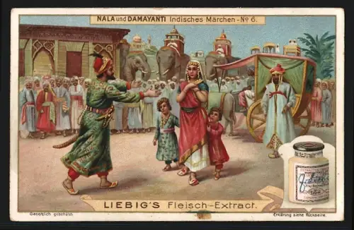 Sammelbild Liebig, Fleisch Extrakt, Indisches Märchen Nala und Damayanti, Szene auf einem Marktplatz