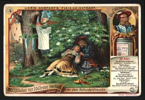 Sammelbild Liebig, Fleisch Extrakt, Kleist, Das Käthchen von Heilbronn, Mann und Frau ruhen sich bei einem Busch aus