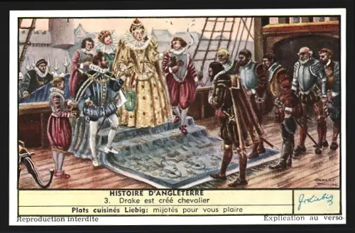 Sammelbild Liebig, Serie Histoire d`Angleterre, Drake est crée chevalier