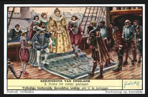 Sammelbild Liebig, Serie Geschiedenis van Engeland, Drake tot ridder geslagen