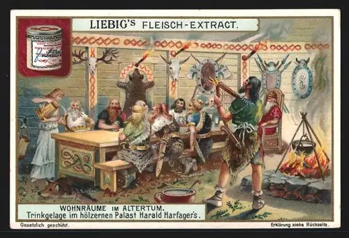 Sammelbild Liebig, Fleisch Extrakt, Serie Wohnräume im Altertum, Trinkgelage im Palst Harald Harfagers
