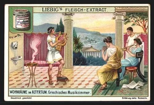 Sammelbild Liebig, Fleisch Extrakt, Serie Wohnräume im Altertum, Griechisches Musikzimmer, Lyra