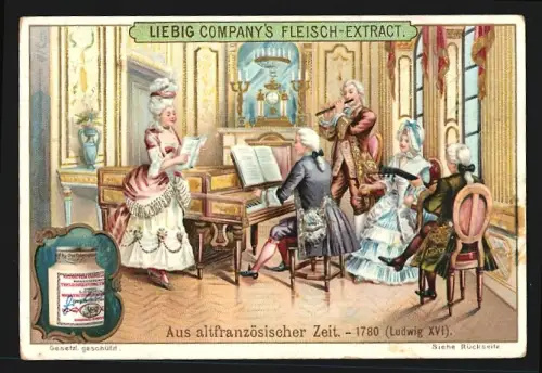 Sammelbild Liebig, Fleisch Extrakt, Serie Aus Altfranzösischer Zeit, Musiker um 1780 mit Flöte und Flügel