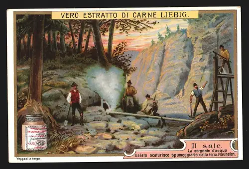 Sammelbild Liebig, Nauheim, La sorgente d`acqua salata scaturisce spumeggiante dalla terra