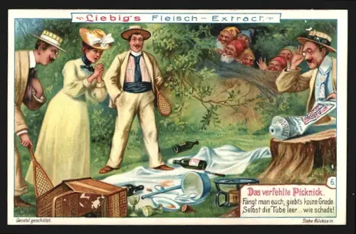 Sammelbild Liebig, Zwerge haben ein Picknick überfallen