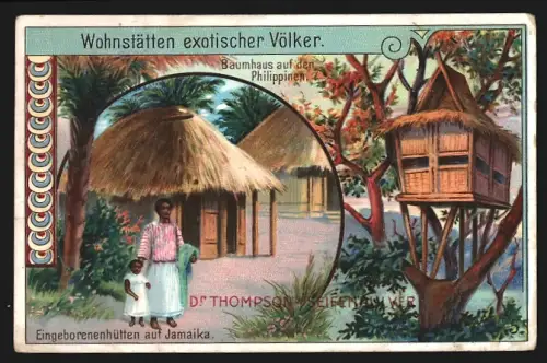 Sammelbild Dr. Thompsons Seifenpulver, Baumhaus auf den Philippinen, Hütte auf Jamaika