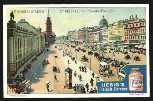 Sammelbild Liebig, St. Petersburg, Buntes Treiben mit Strassenbahnen