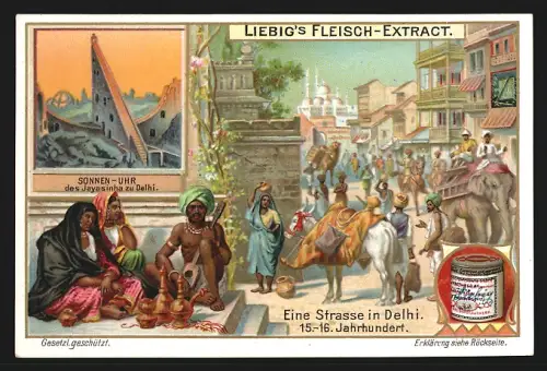 Sammelbild Liebig, Eine Strasse in Delhi, Sonnenuhr