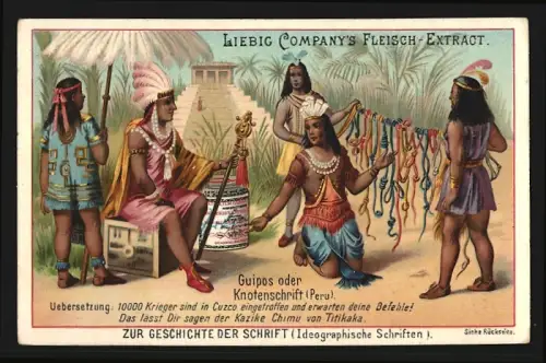 Sammelbild Liebig, Geschichte der Schrift, Guipos oder Knotenschrift aus Peru