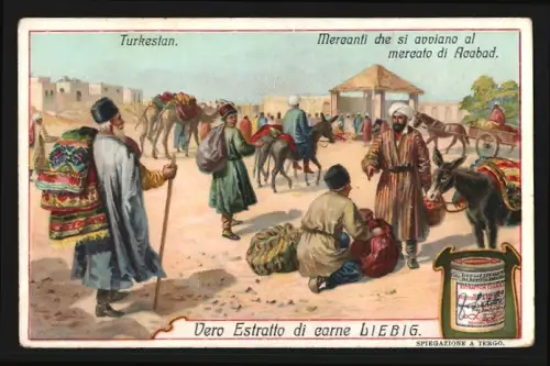 Sammelbild Liebig, Turkestan, Mercanti che si avviano al mercato di Acabad