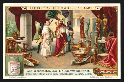 Sammelbild Liebig, Geschichte der Goldschmiedekunst, Krösus führt Solomon durch seine Schatzhäuser