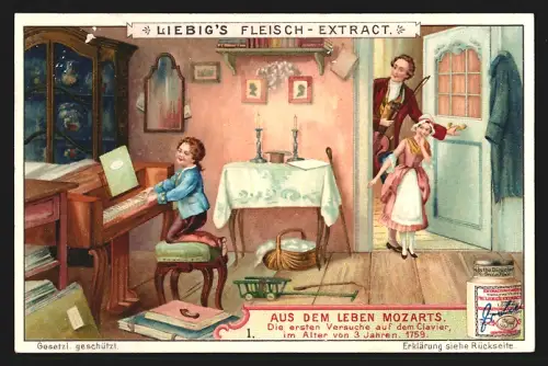 Sammelbild Liebig, Aus dem Leben Mozarts, Die ersten Versuche am Klavier 1759