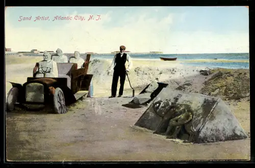 AK Atlantic City, NJ, Sand Artist, Sandplastik