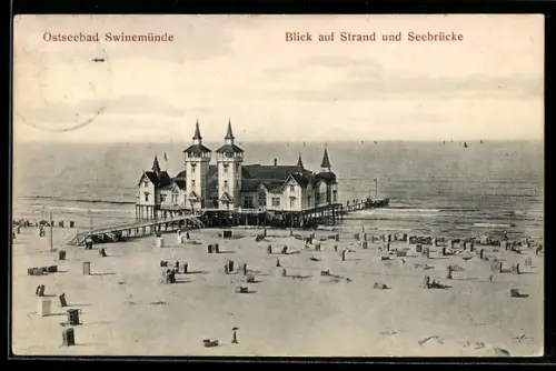 AK Swinemünde, Blick auf Strand und Seebrücke