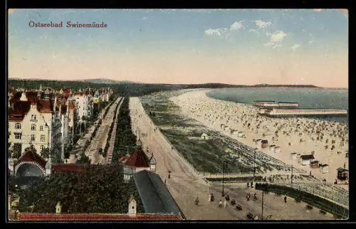 AK Swinemünde, Teilansicht mit Promenade und Strand aus der Vogelschau