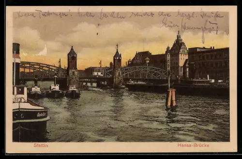 AK Stettin, Hansa-Brücke mit Dampfer