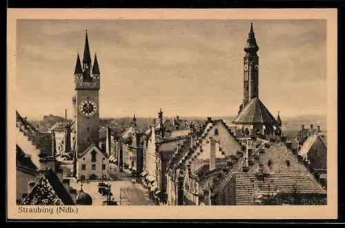 AK Straubing /Ndb., Stadtturm, Kirche, Altstadt