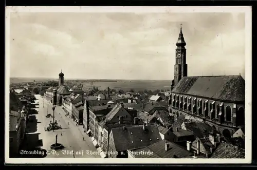 AK Straubing a. D., Blick auf Theresienplatz, Pfarrkirche
