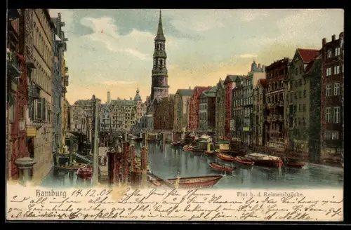 AK Hamburg, Fleet bei der Reimersbrücke, St. Katharinenkirche