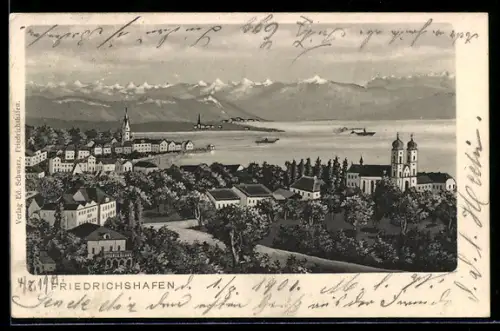 AK Friedrichshafen, Ortsansicht, Kirche, Bodensee, Bergpanorama