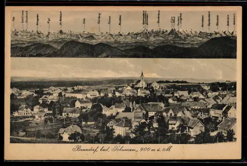 AK Bonndorf /Schwarzwald, Panoramaansicht mit Kirche und Alpenkette