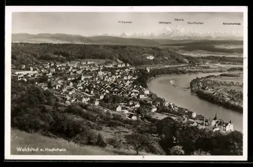 AK Waldshut a. Hochrhein, Stadtansicht mit Rhein und Alpenpanorama