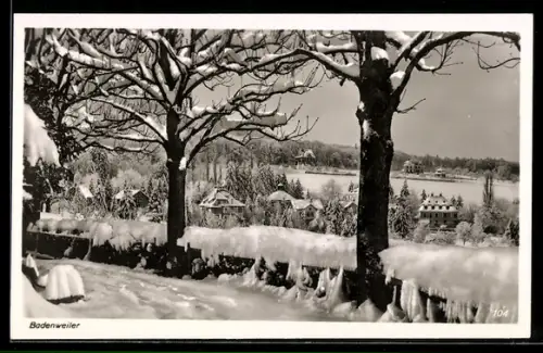 AK Badenweiler, Winterliche Ortsansicht mit verschneiten Bäumen und Gebäuden