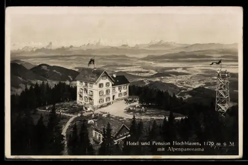 AK Badenweiler, Hotel und Pension Hochblauen, Bes. F. Haas Bergpanorama, Aussichtsturm