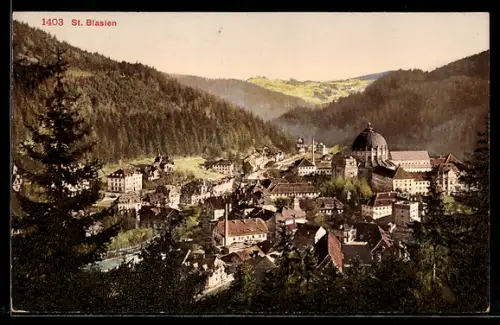 AK St. Blasien, Gesamtansicht mit Dom und Schwarzwald