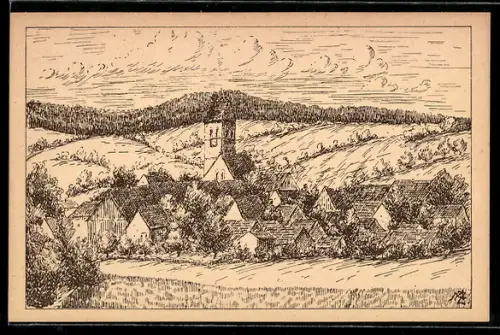 AK Ostrach /Hohenzollern, Ortsansicht mit Kirche und umliegender Landschaft