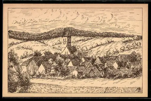 AK Ostrach /Hohenzollern, Ortsansicht mit Kirche und umliegender Landschaft
