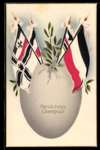 AK Deutsche Reichskriegsflagge und Nationalfahne vor Osterei