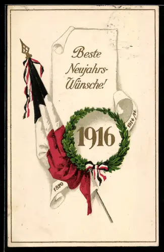 Künstler-AK Standarte mit reichsfarben, Neujahresgruss 1916