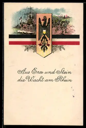 Klapp-AK Aus Erz und Stein die Wacht am Rhein, Reichsadler und Reichsflagge