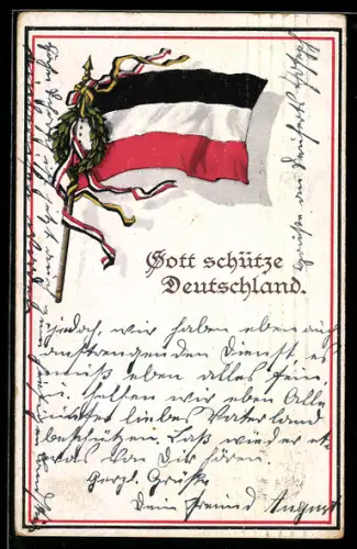 AK Deutsche Nationalfahne mit Siegerkranz, Gott schütze Deutschland