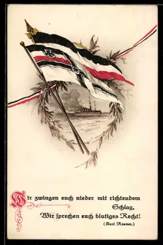 AK Wir zwingen euch nieder mit richtendem Schlag, Kriegsfahnen
