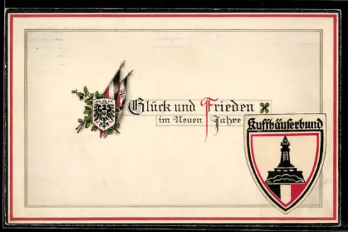 AK Kyffhäuserdenkmal und Emblem vom Kyffhäuserbund, deutsche Reichskriegsflagge und Nationalfahne