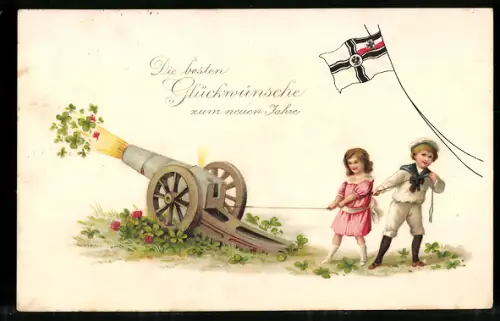 AK Junge und Mädchen feuern zu Neujahr Feldgeschütz ab, deutsche Reichskriegsflagge, Neujahrsgrüsse