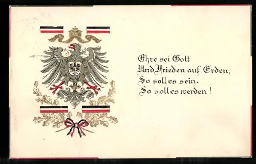 AK Hoheitsadler mit Brustschild und deutscher Kaiserkrone, schwarz-weiss-rote Fahnenbänder