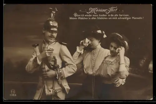 AK Kürassier vom Garde du Corps in Uniform mit Helm und Säbel mit zwei jungen Frauen