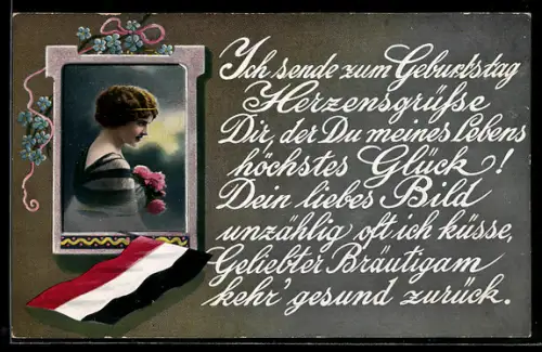 AK Deutsche schwarz-weiss-rote Nationalfahne und Seitenportrait einer jungen Frau