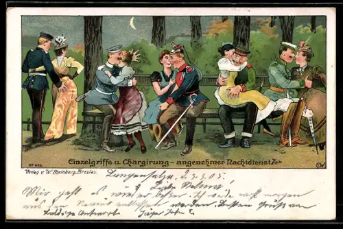 Lithographie Soldaten der Infanterie und Ulanen mit Partnerinnen bei Nacht im Park