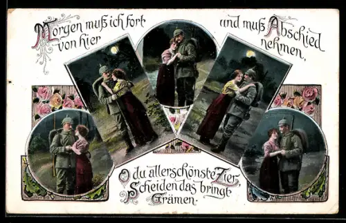 AK Deutscher Infanterist mit Pickelhauben-Überzug & Gewehr, Abschiedsszenen zum Kriegsausmarsch