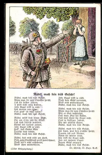 AK Mädel mach kein trüb Gesicht!, Soldat verabschiedet sich von Frau, Soldatenliebe