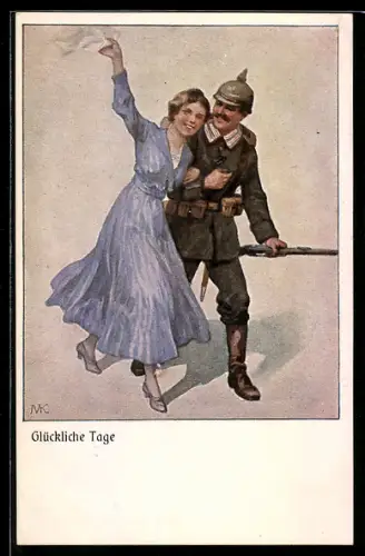 AK Soldat in Uniform mit Pickelhaube und Gewehr mit seiner jungen Frau